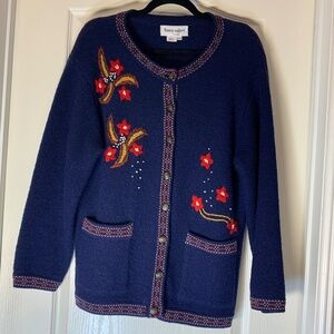 Vintage Wool Cardigan with Floral Embroidery – Franco Valeri – Size Small